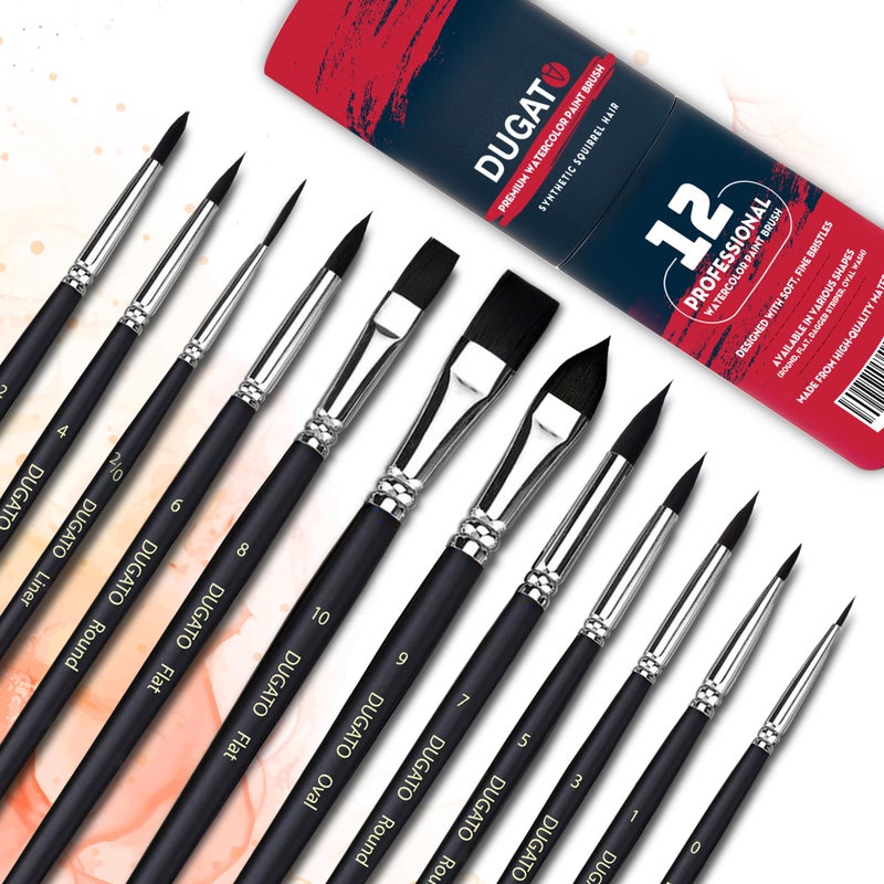 DUGATO Watercolor Brushes Professional, DUGATO 12pc Artist Paint Brush Set - Synthetic Bristles (Round, Flat, Liner, Oval) for Watercolor Gouache Inks Painting - Image 5